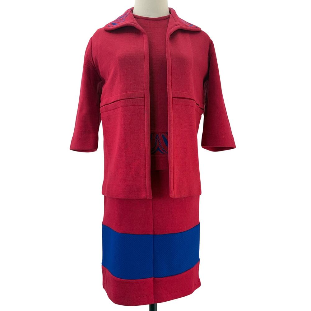 Vintage 60s Women's 8 Couture Imports Red Wool Belgium Knit 3 Pc Skirt Suit Set